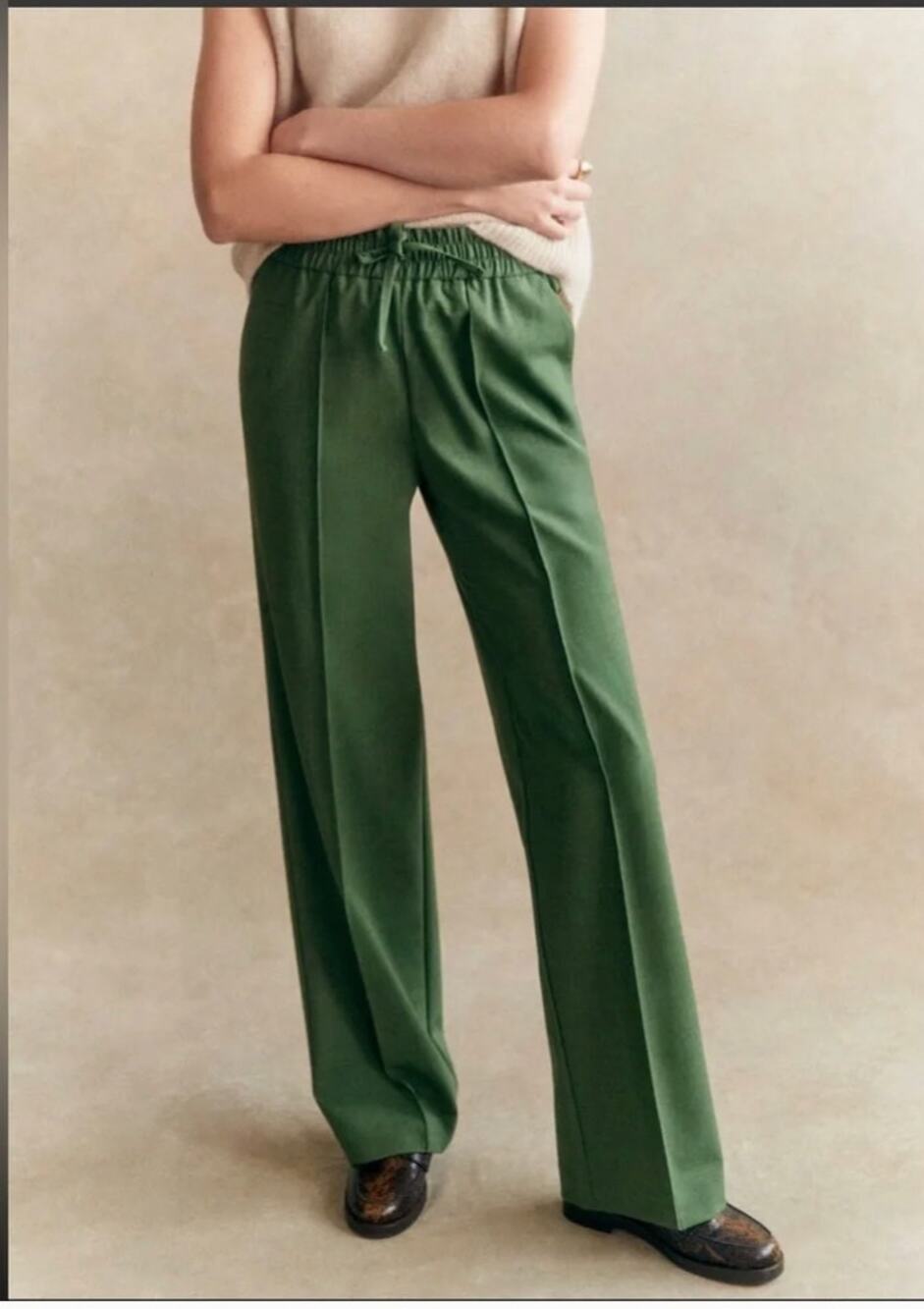 Sezane Bruce Wide Straight Leg Trousers Pants Chance Green Wool Blend 46 US 14